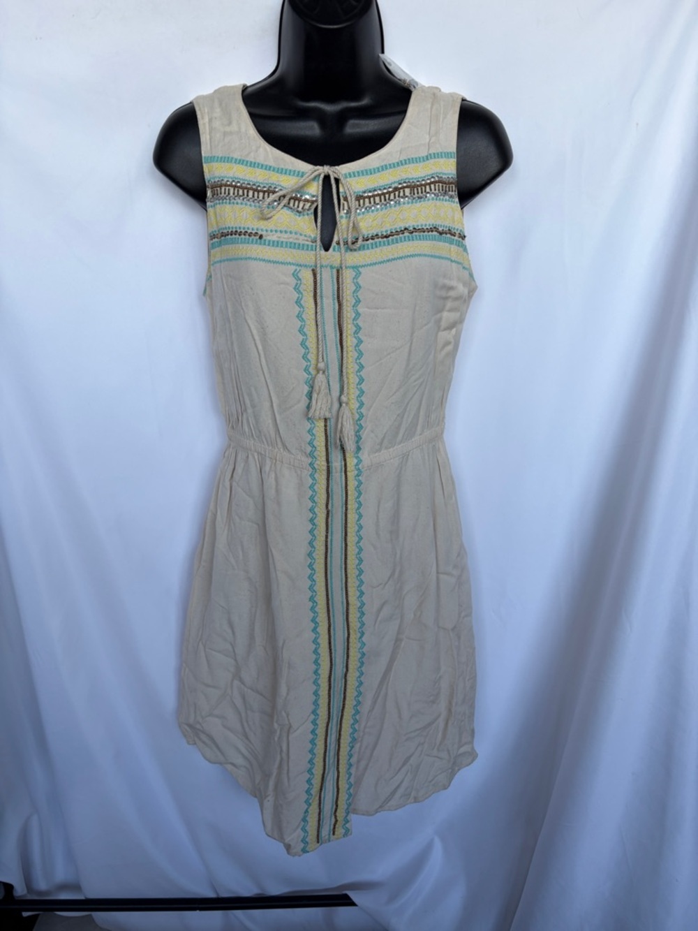 Kenji Off White Turquoise/Yellow/Gold Tunic Dress, sz 4, 18” PTP, 36” L